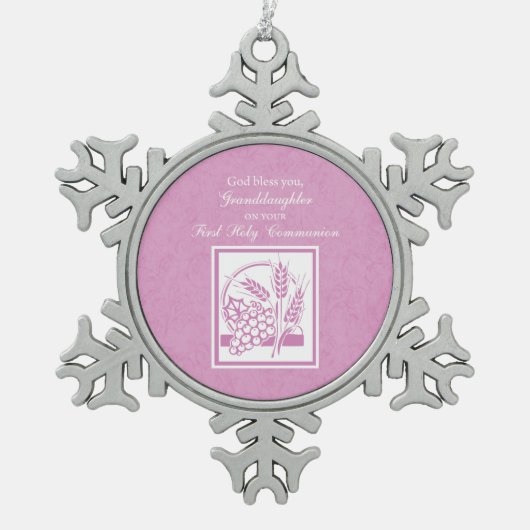 Kleindochter Eerste Communie, Roze Tin Sneeuwvlok Ornament (Voorkant)