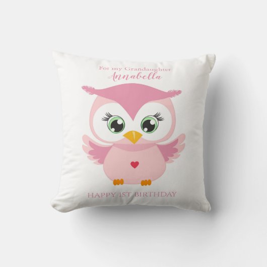 Kleindochter Eerste Verjaardag Mooie Roze Uil Kussen (Voorkant)