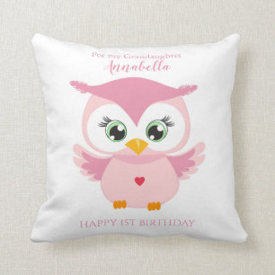 Kleindochter Eerste Verjaardag Mooie Roze Uil Kussen