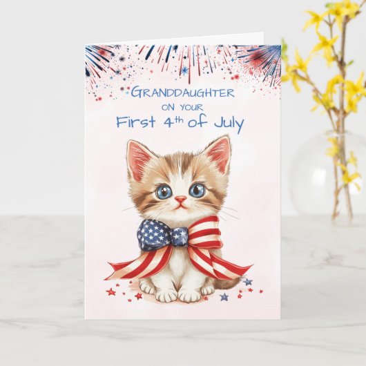 Kleindochter Eerste Vierde Juli Kitten Vlag Bow Kaart (Gele Bloem)