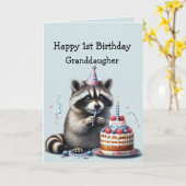 Kleindochter Fun Raccoon 1e Verjaardag Kaart (Gele Bloem)