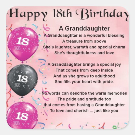 Kleindochter gedicht - 18e verjaardag vierkante sticker (Voorkant)