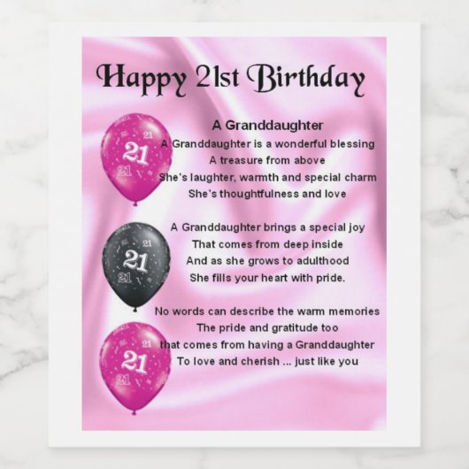 Kleindochter Gedichtenflesetiket 21ste verjaardag Wijn Etiket (Enkel label)