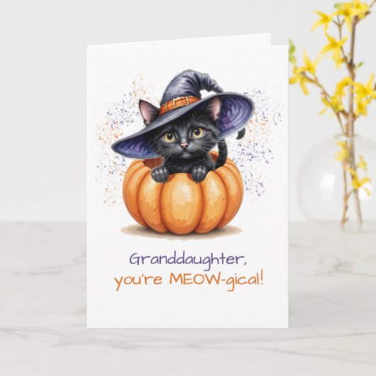 Kleindochter Halloween Schattigee kat in pompoen Kaart (Gele Bloem)
