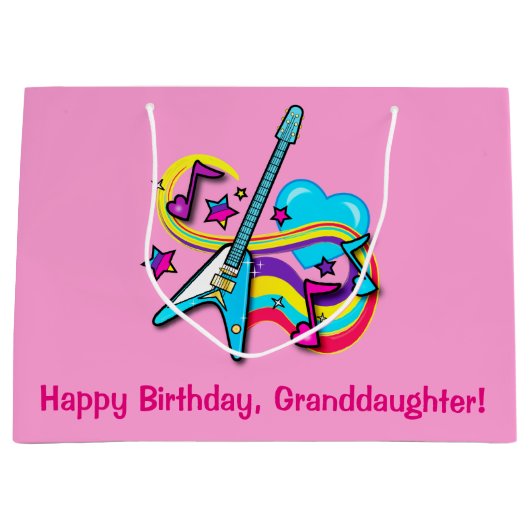 Kleindochter Happy Birthday Guitar, Hearts, Notes Large Cadeautasje (Voorkant)