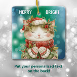 Kleindochter Holly Kitty Kat Kerstmis Keramisch Ornament<br><div class="desc">Hier is een kerstornament voor die speciale kleindochter, dochter of nichtje! Aan de voorkant is een schattige poes gekleed in een rood patroonpatroon pet, sjaal en wanten. De kat houdt takjes van hulst met rode bessen. Een groene en blauwe bokeh achtergrond bevat witte tekst met de tekst "MERRY BRIGHT". De...</div>