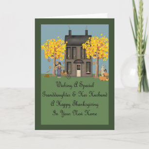 Kleindochter Man Nieuw Huis Happy Thanksgiving Feestdagen Kaart