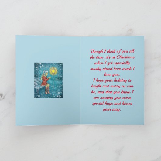 KLEINDOCHTER OP BANK KERSTMIS KAART (Binnen)