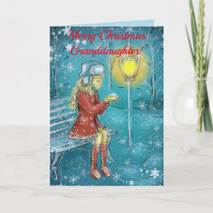 KLEINDOCHTER OP BANK KERSTMIS KAART