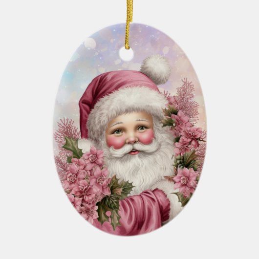 Kleindochter Roze Kerstmis Rose Boeket Santa Keramisch Ornament (Voorkant)