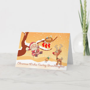 Kleindochter Santa die een boom beklimt om cadeaut Feestdagen Kaart