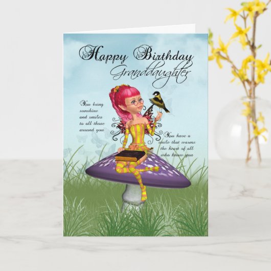 Kleindochter Verjaardag Kaart met Fairy en Chaffin (Gele Bloem)