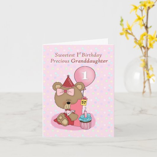 Kleindochter Verjaardag met Meisje Beer en Cupcake Kaart (Gele Bloem)