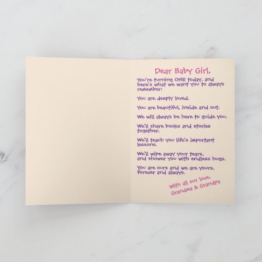 Kleindochter's eerste verjaardag roze teddybeer kaart (Binnen)