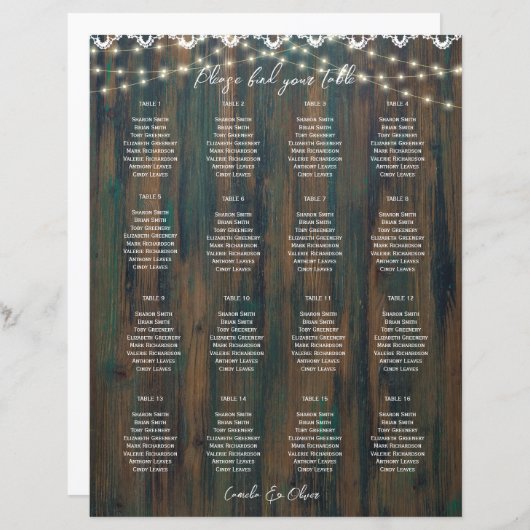 KLEINE 16 Tafel Rustic Wood Lace SEATING CHART (Voorkant / Achterkant)