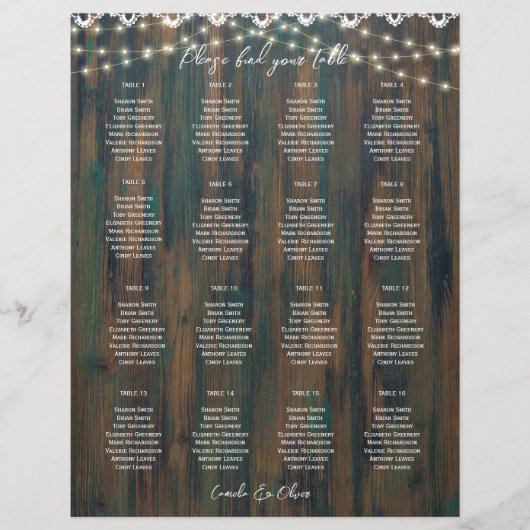 KLEINE 16 Tafel Rustic Wood Lace SEATING CHART (Voorkant)