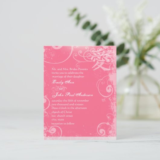 Kleine 4 x 5 roze kanji Love Swirl Weddenschap Kaart (Staand voorkant)