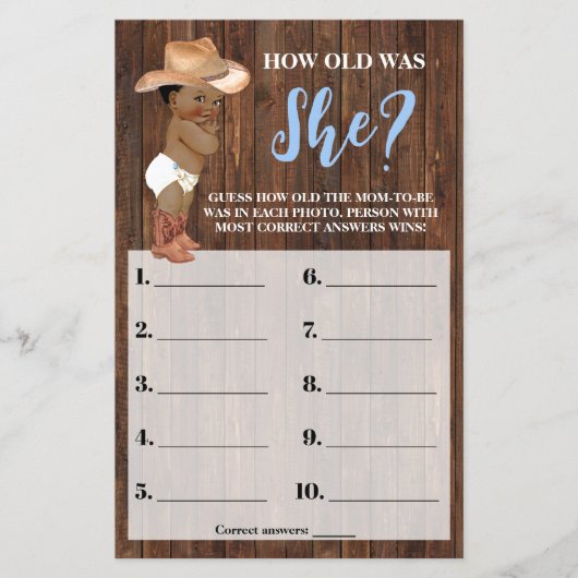 Kleine AA Cowboy Hoe oud was ze Baby shower Game Flyer (Voorkant)