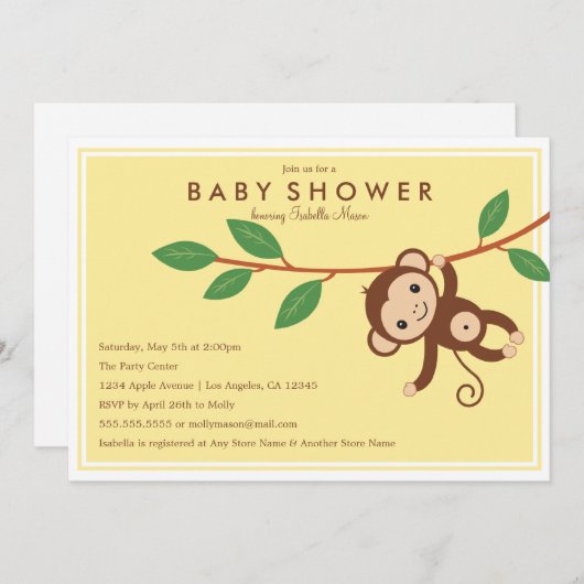 Kleine aap - Geel | Baby shower Uitnodiging (Voorkant / Achterkant)