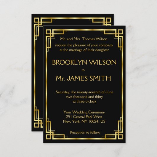 Kleine Art Deco zwarte en gouden trouwuitnodiginge Kaart (Voorkant / Achterkant)