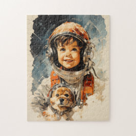 Kleine astronaut jongen en hond legpuzzel