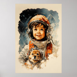 Kleine astronaut jongen en hond poster