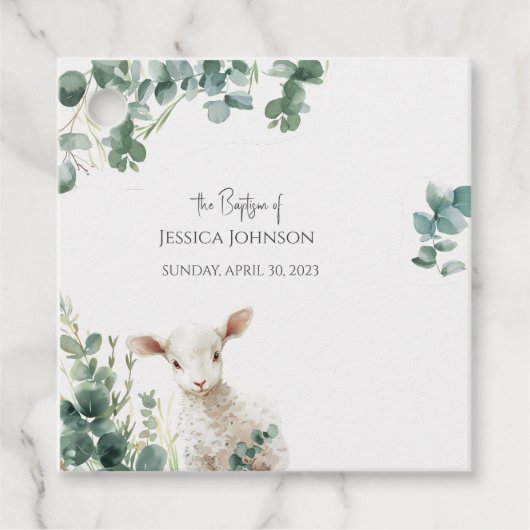 Kleine Baby Lamb en Eucalyptus doop Bedankjes Labels (Voorkant)