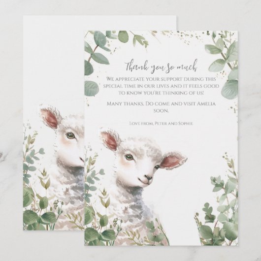 Kleine Baby Lamb en Eucalyptus doop Bedankkaart (Voorkant / Achterkant)