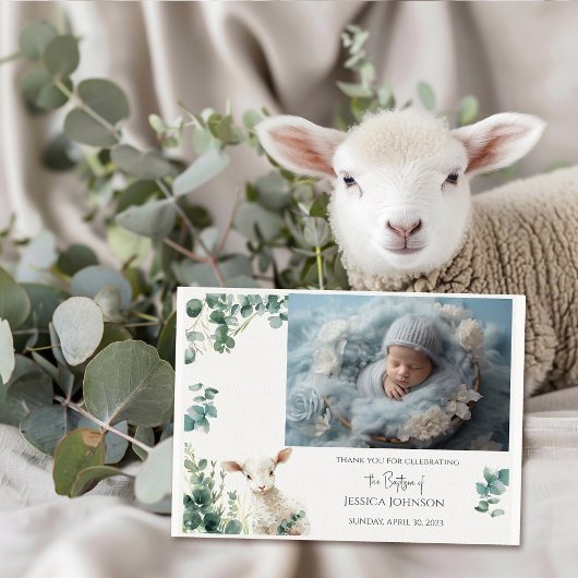 Kleine Baby Lamb en Eucalyptus doop Bedankkaart