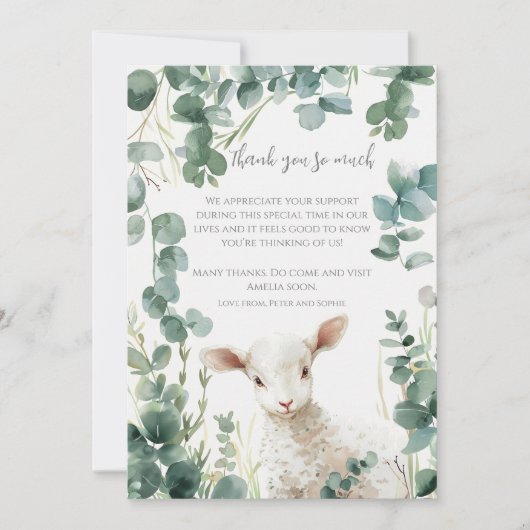 Kleine Baby Lamb en Eucalyptus doop Bedankkaart (Voorkant)