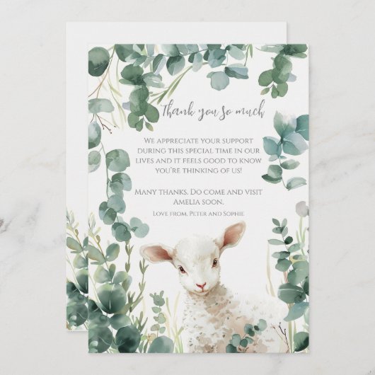 Kleine Baby Lamb en Eucalyptus doop Bedankkaart (Voorkant / Achterkant)