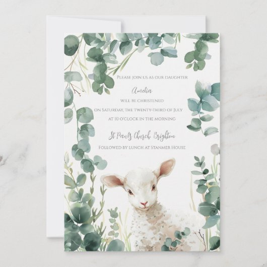 Kleine Baby Lamb en Eucalyptus doop Kaart (Voorkant)