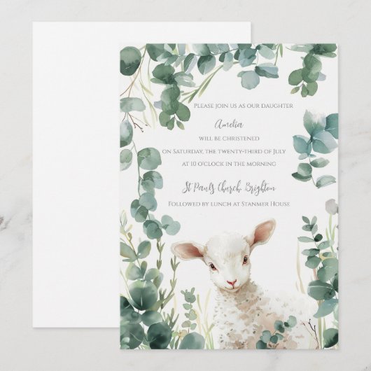 Kleine Baby Lamb en Eucalyptus doop Kaart (Voorkant / Achterkant)