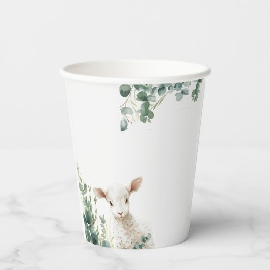 Kleine Baby Lamb en Eucalyptus doop Papieren Bekers (Achterkant)