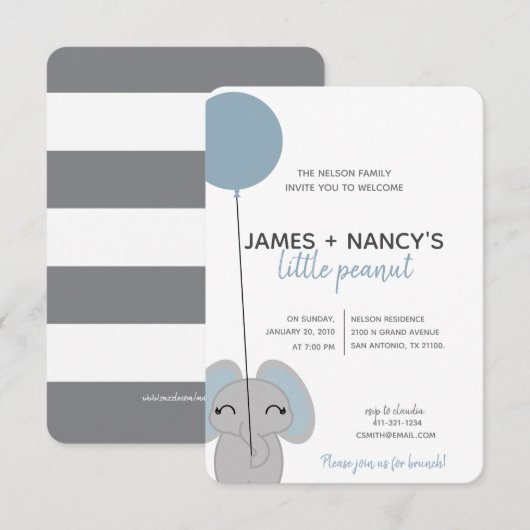 kleine BABY SHOWER blauwe olifant Kaart (Voorkant / Achterkant)