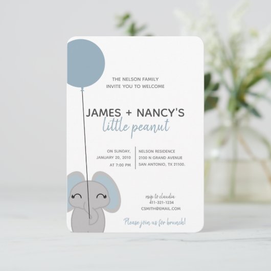 kleine BABY SHOWER blauwe olifant Kaart (Staand voorkant)
