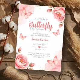 Kleine Babyvlinder Rood Roze Bloemige Baby Shower Kaart