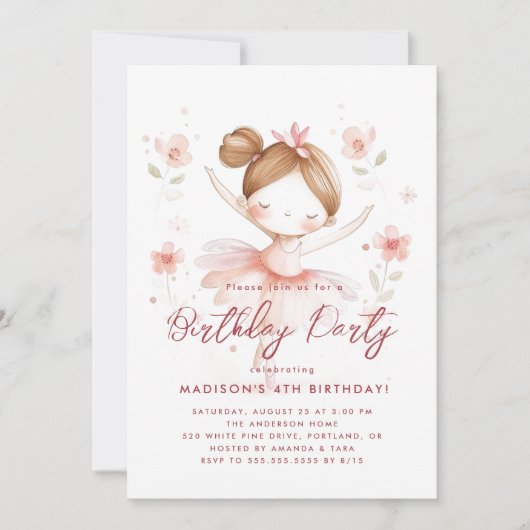 Kleine Ballerina en Bloemen Roze Verjaardagsfeestj Kaart (Voorkant)