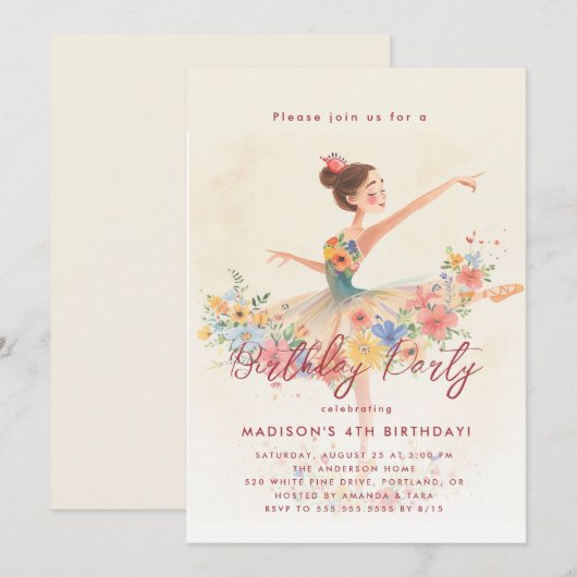 Kleine Ballerina en bloemenverjaardagsfeest Kaart (Voorkant / Achterkant)