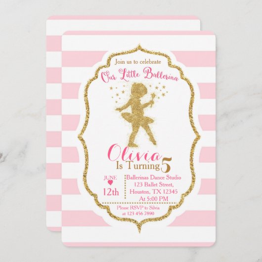 Kleine Ballerina Roze & Gouden Uitnodiging (Voorkant / Achterkant)