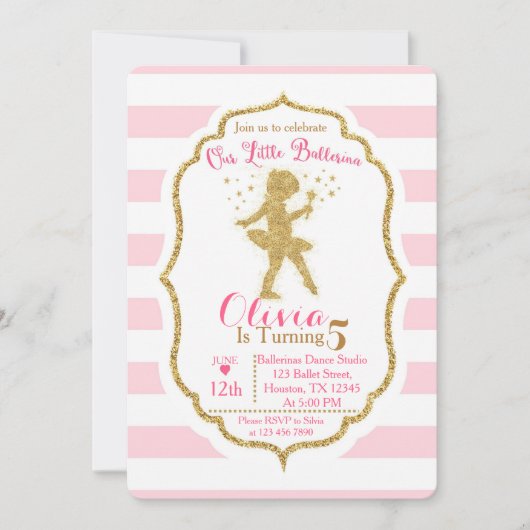 Kleine Ballerina Roze & Gouden Uitnodiging (Voorkant)