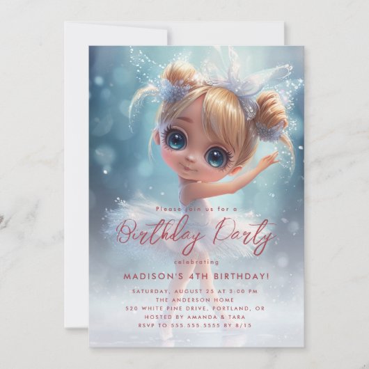 Kleine Ballerina Wit en Blauw Verjaardagsfeestje Kaart (Voorkant)