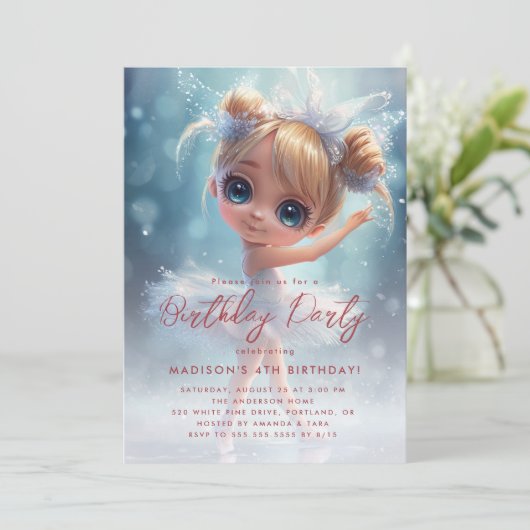 Kleine Ballerina Wit en Blauw Verjaardagsfeestje Kaart (Staand voorkant)