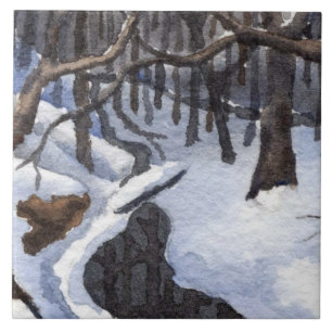 Kleine beek in een wintersneeuw met donkere watere tegeltje