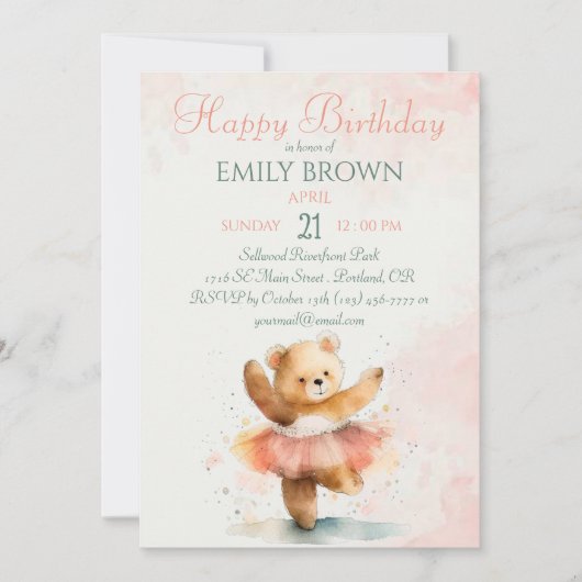 Kleine beer ballerina waterverf roze Verjaardag Kaart (Voorkant)