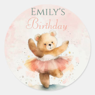 Kleine beer ballerina waterverf roze Verjaardag Ronde Sticker
