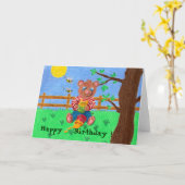 Kleine beer met kind-verjaardagskaart voor honing kaart (Gele Bloem)