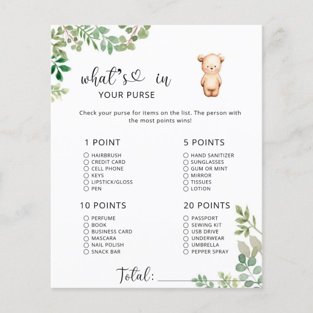 Kleine beer wat in je handtas baby shower game (Voorkant)