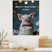 Kleine biggetje knuffelen op een verjaardagstaart poster (Keuken)