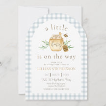 Kleine Bij Komt Op Weg Blauwe Gingham Baby Shower